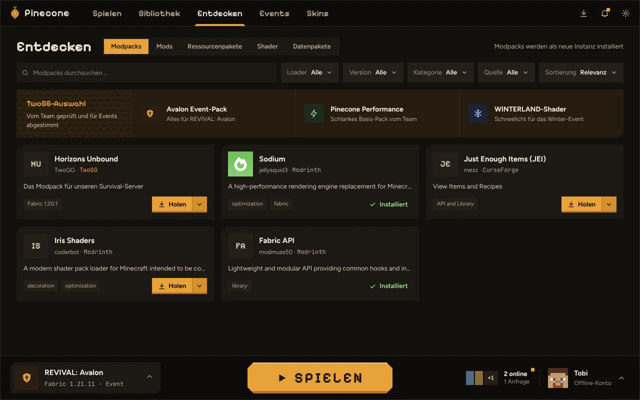 Entdecken mit TwoGG-Auswahl und Ergebnissen von Modrinth und CurseForge