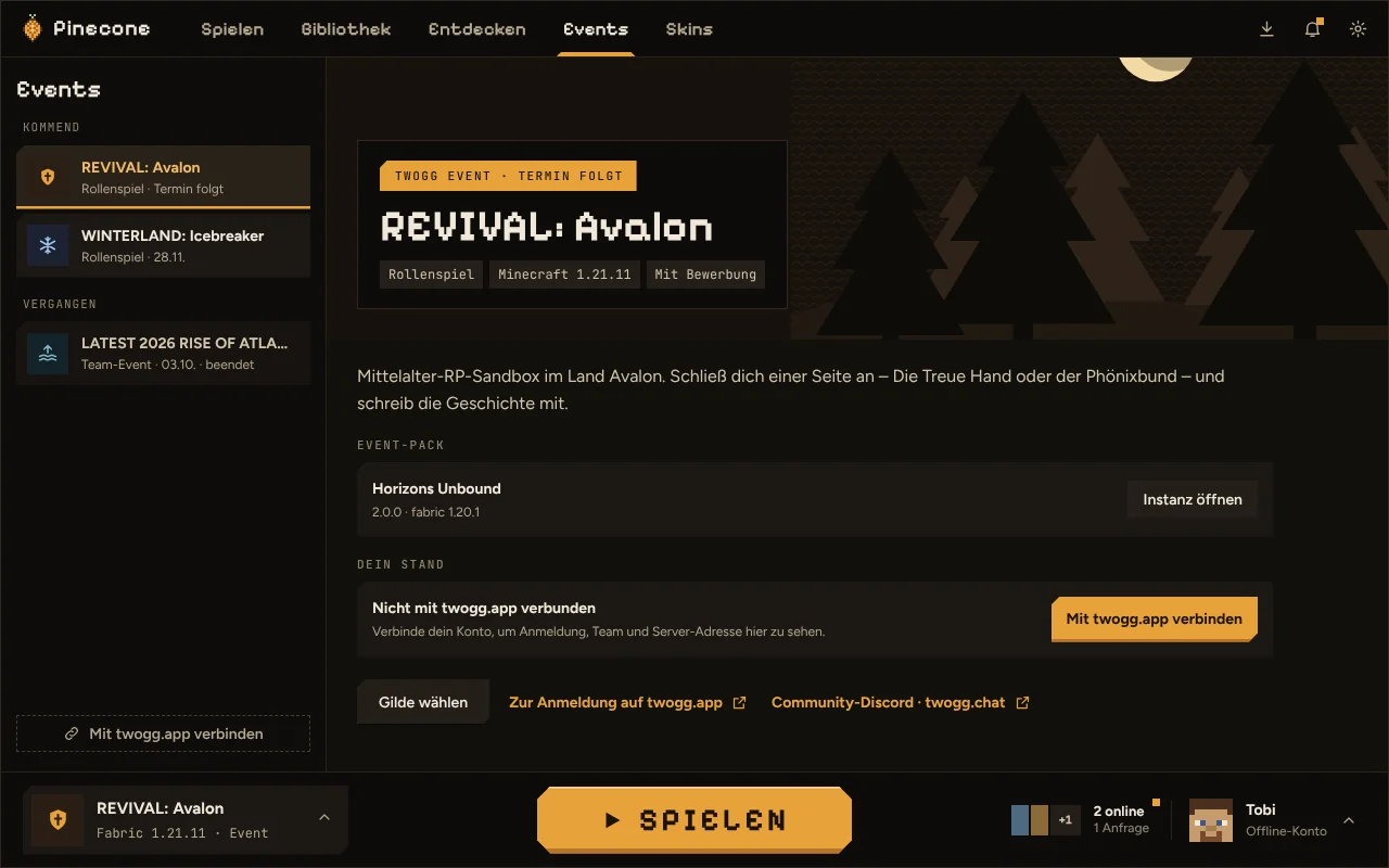 Events-Seite mit REVIVAL: Avalon, Event-Pack und twogg.app-Verknüpfung