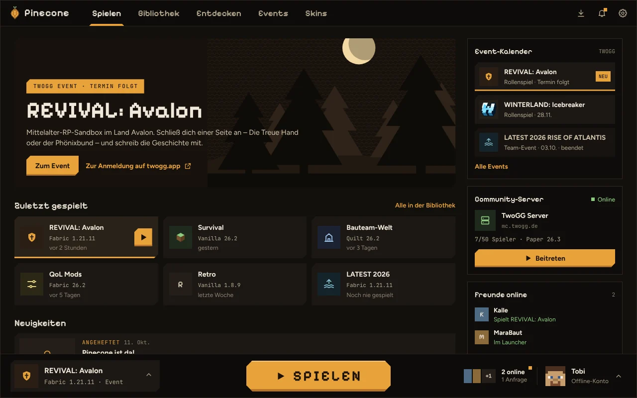 Pinecone, Seite Spielen: Event-Teaser für REVIVAL: Avalon, Event-Kalender, zuletzt gespielte Instanzen und der große Spielen-Button